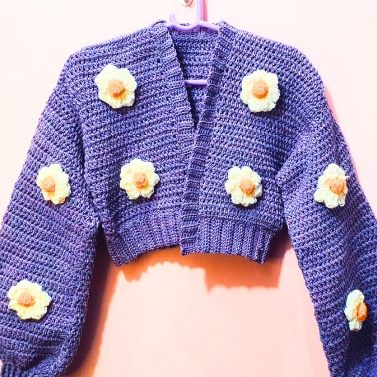 Crochet Purple Flower Cardigan with Intricate Floral Accents