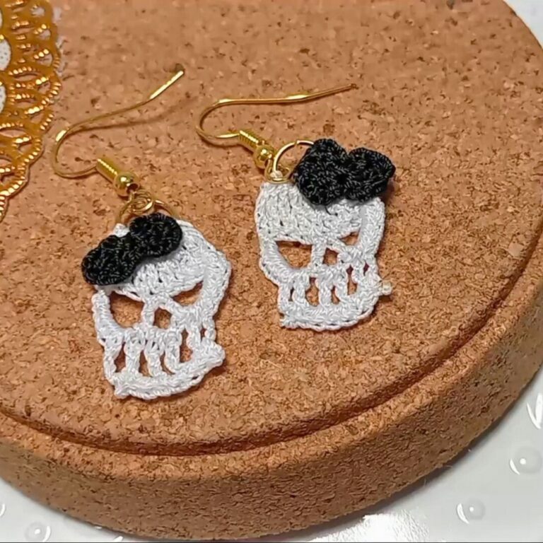 Crochet Skull Earrings with a Bow Accessory for Halloween