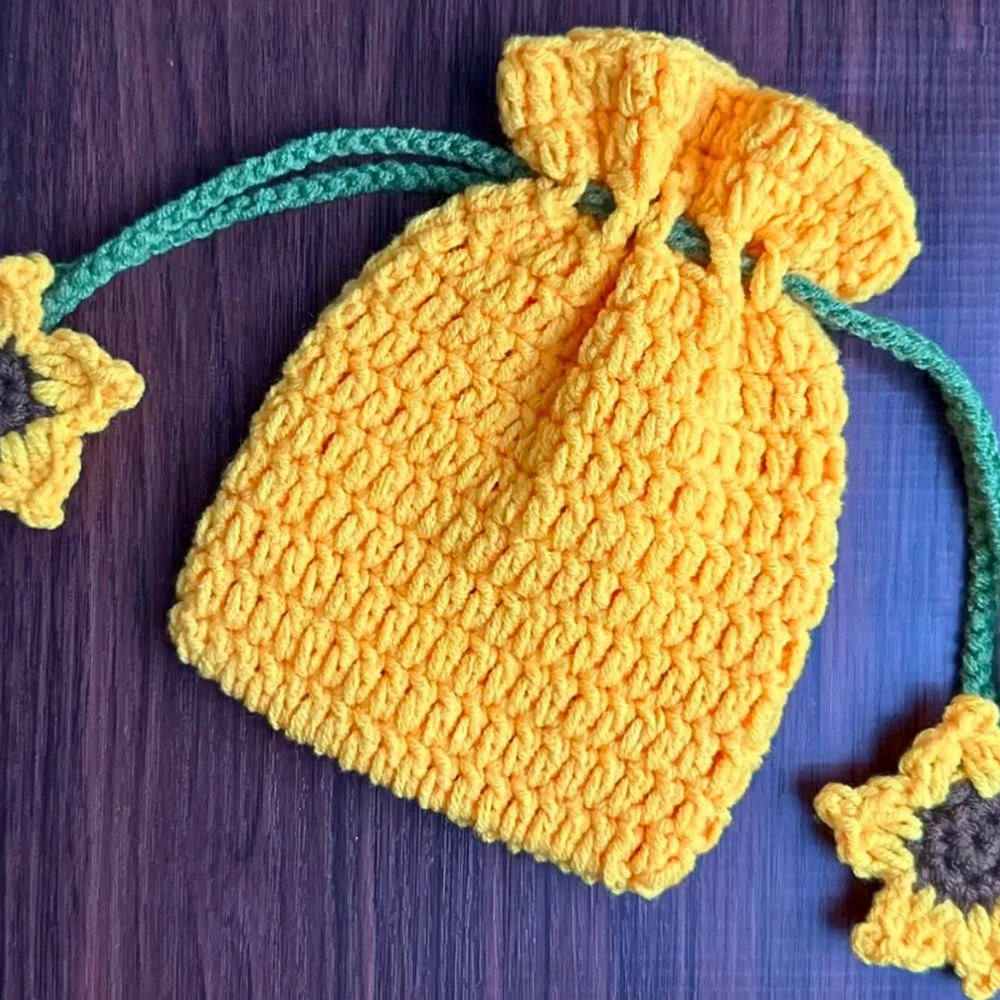 Make a Crochet Sunflower Drawstring Pouch Bag
