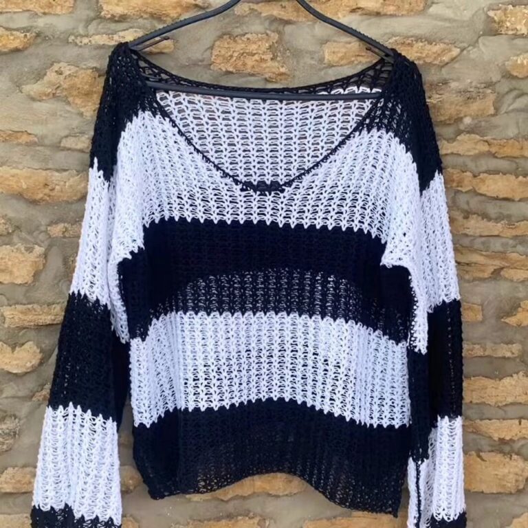 Crochet Oversized V-neck Striped Sweater for All Seasons