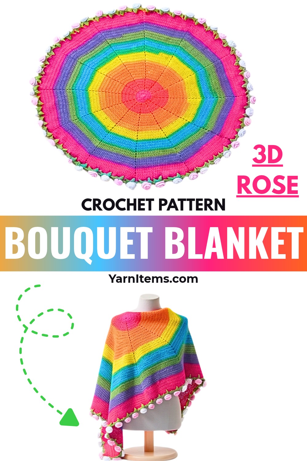 Crochet 3D Rose Bouquet Blanket Pattern with Leaves