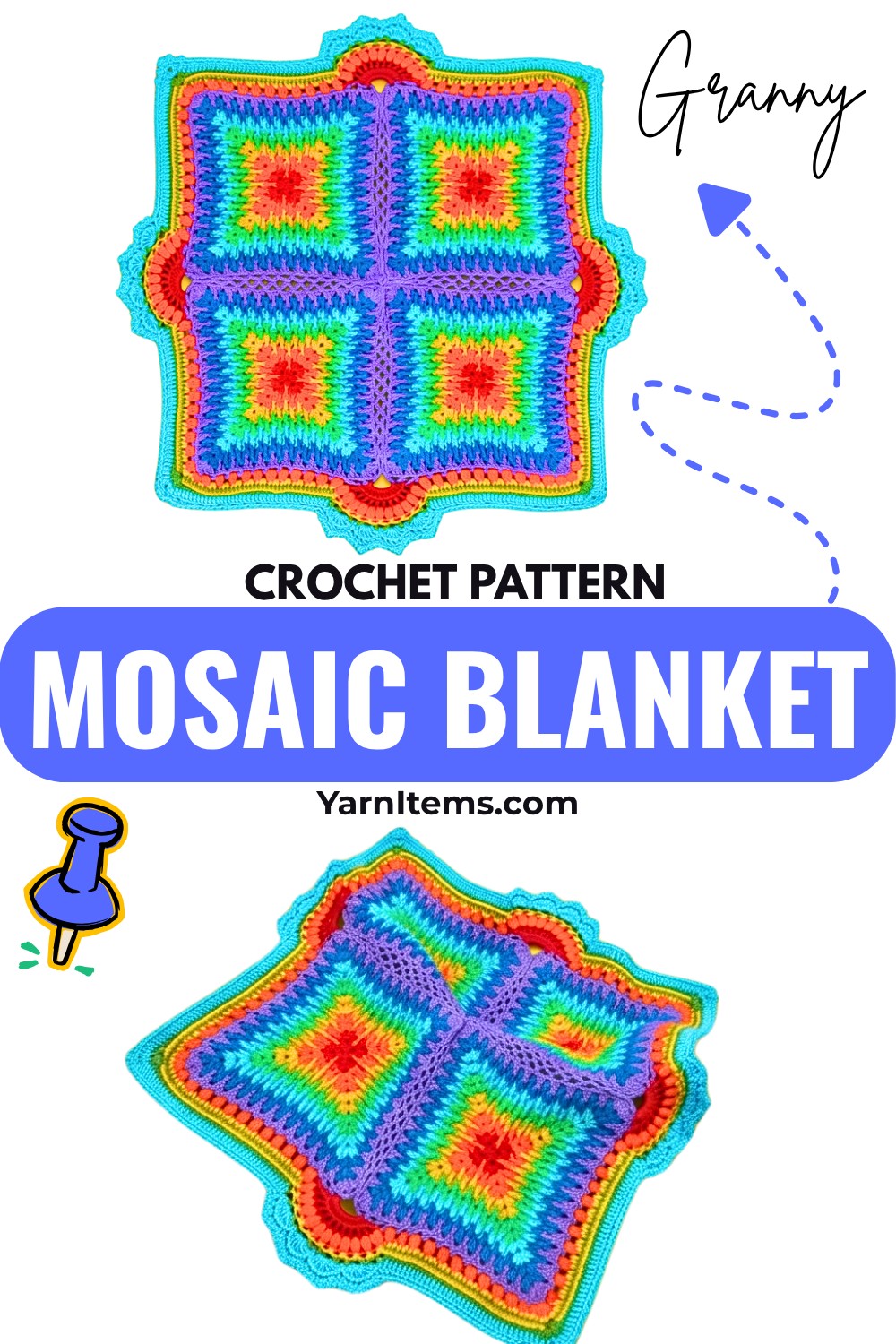 Crochet Granny Mosaic Blanket Pattern - 13-Round Squares & Textured Border