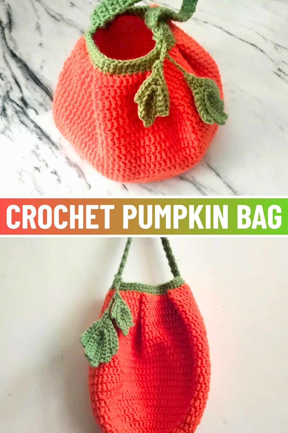 Crochet Pumpkin Bag with Pleated Design and Leaf Accents