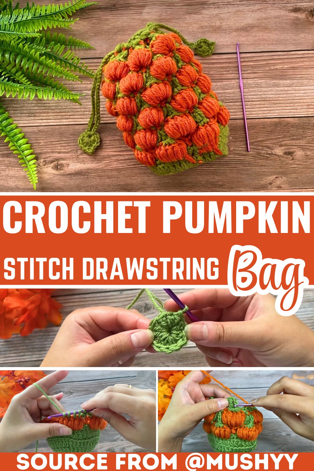 Crochet Pumpkin Stitch Drawstring Bag – Perfect 3D Design for Thanksgiving