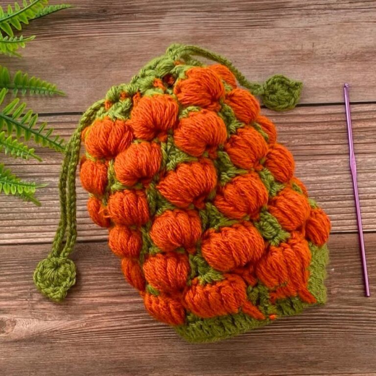 Crochet Pumpkin Stitch Drawstring Bag – Perfect 3D Design for Thanksgiving