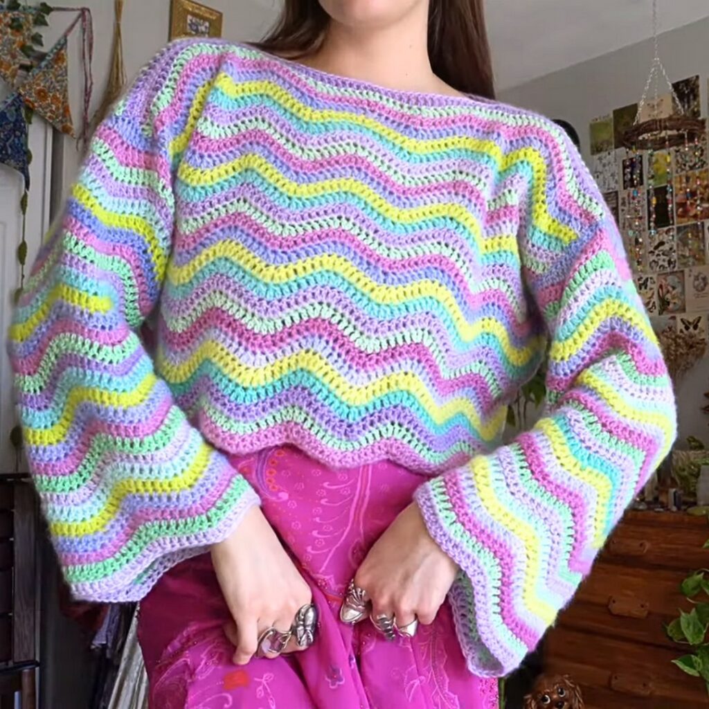 Beginner-Friendly Wavy Crochet Sweater with Stunning Color Options