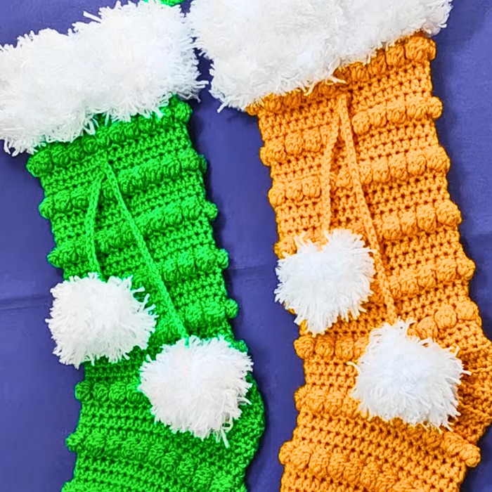 Crochet Christmas Stocking With Pom-poms And Bubble Stitches