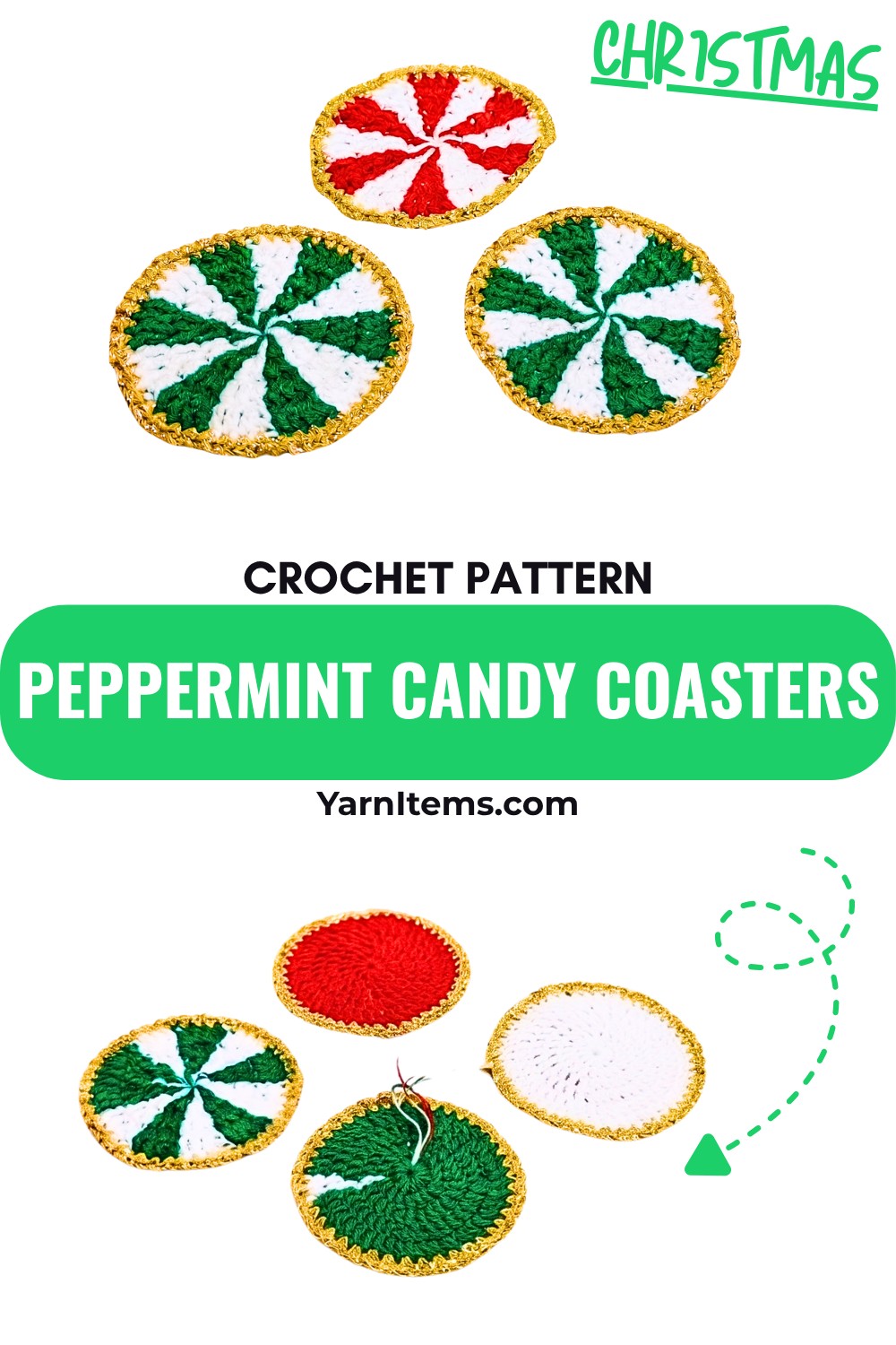 Crochet Peppermint Candy Coasters For Christmas Holiday Decor