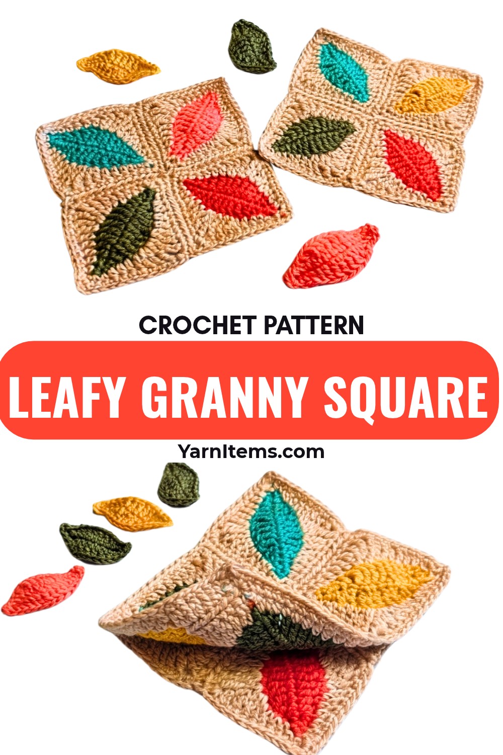 Crochet Leafy Granny Square with Leaves and Squares