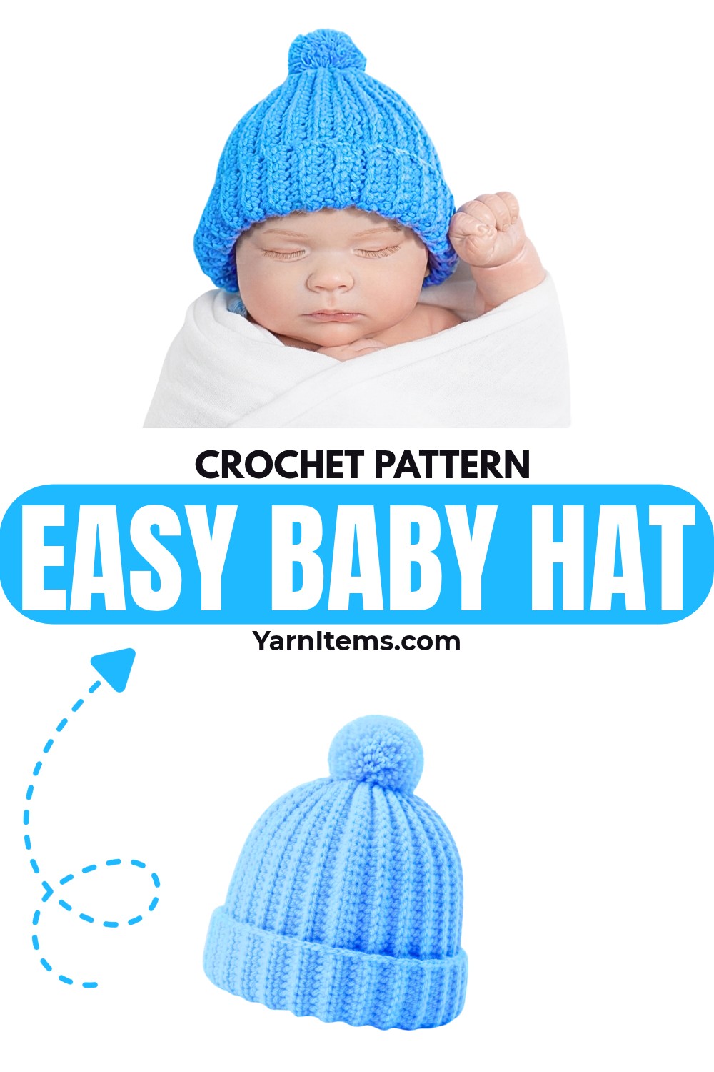 Easy Crochet Baby Hat 0-3 Months with Pom-Pom