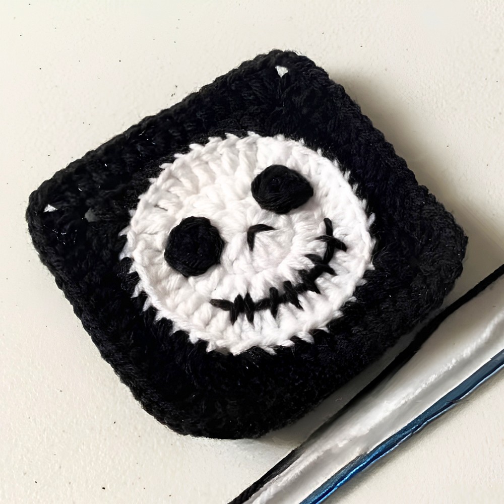Easy Crochet Jack Skellington Granny Square Pattern For Halloween Decor