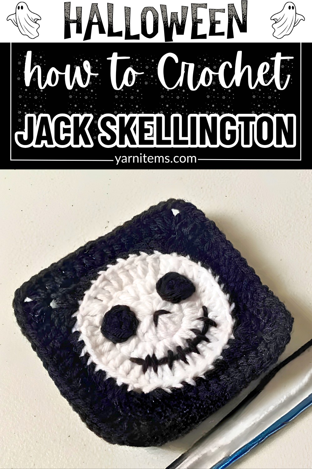 Easy Crochet Jack Skellington Granny Square Pattern For Halloween DecorEasy Crochet Jack Skellington Granny Square Pattern For Halloween Decor