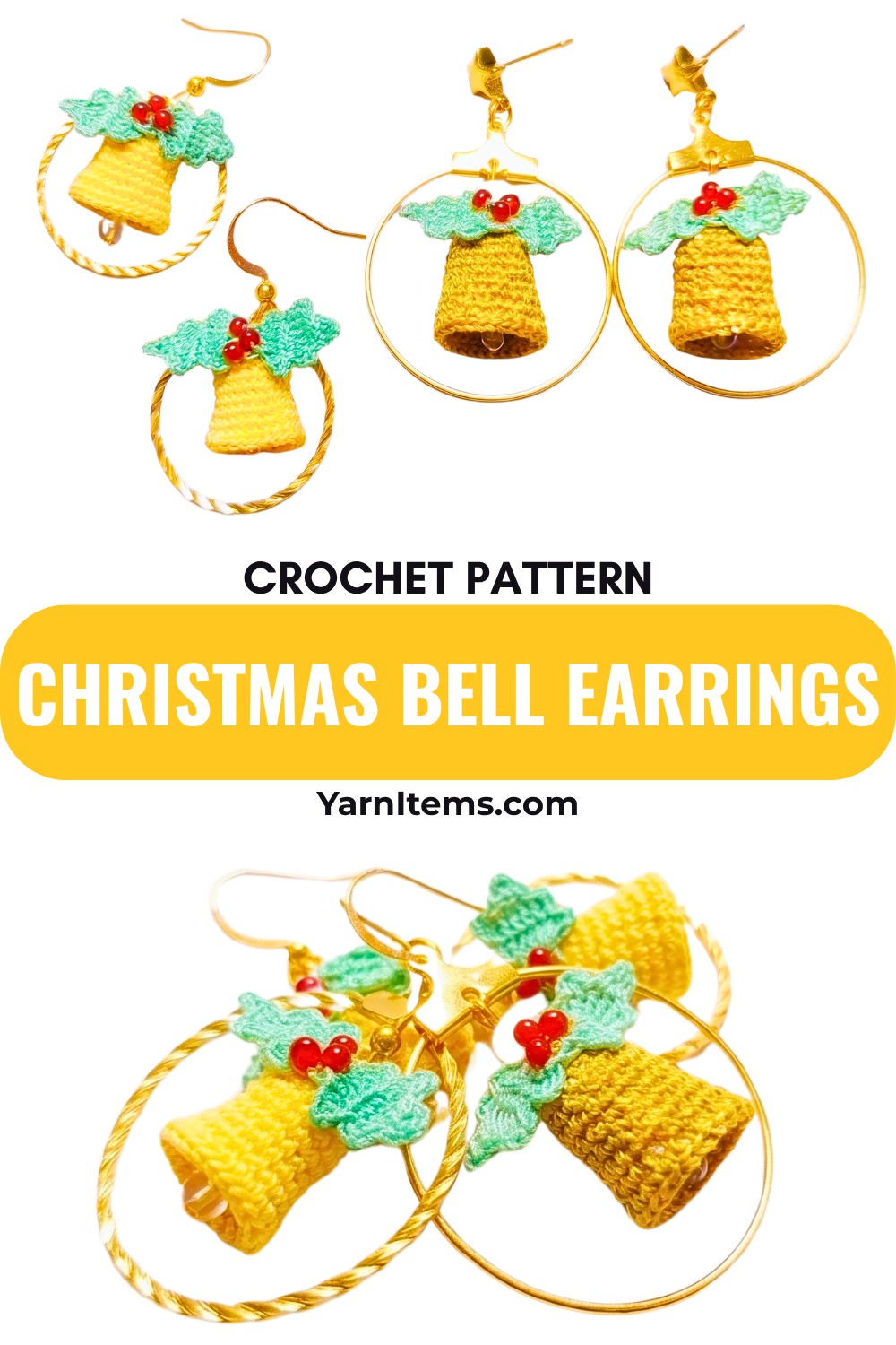Crochet Mini Christmas Bell Earrings Pattern with Leaf