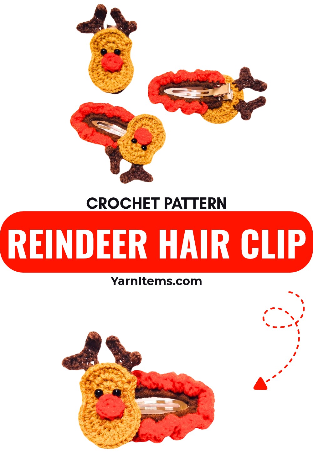 Festive Crochet Reindeer Hair Clip Pattern For Holiday