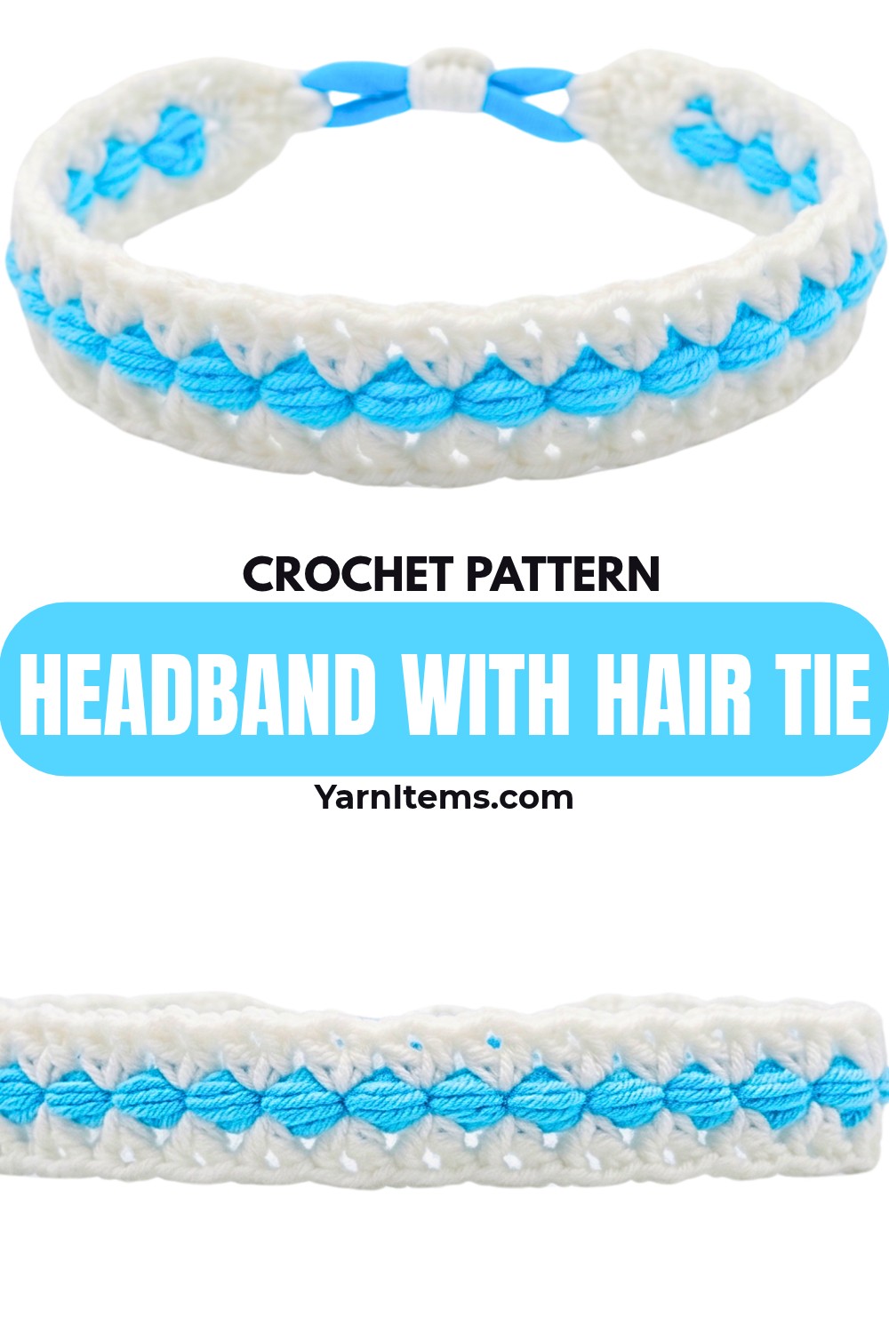Beaded Puff Stitch Crochet Headband with Elastic Hair Tie