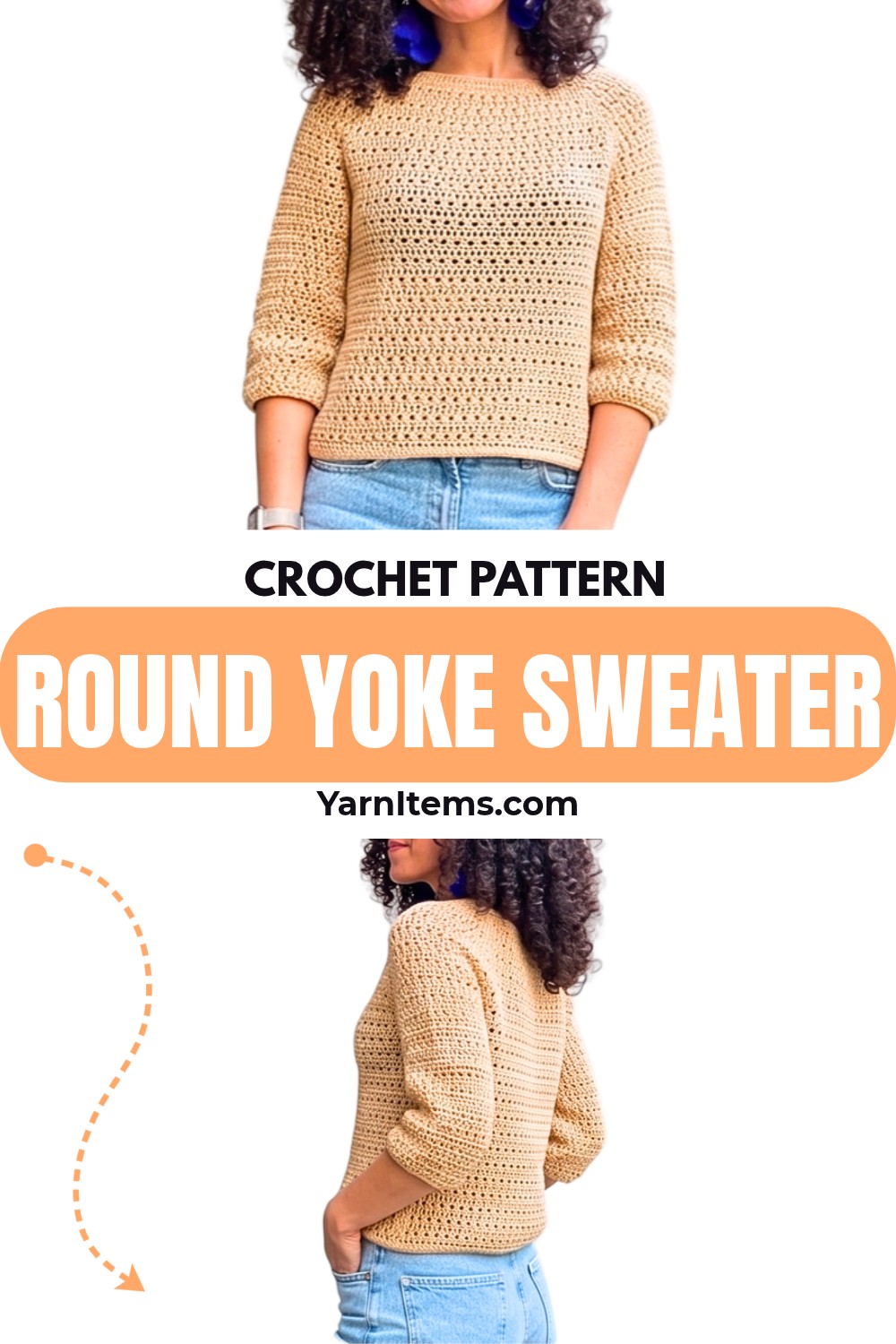 Coral Round Yoke Crochet Sweater Pattern with Invisible Increases