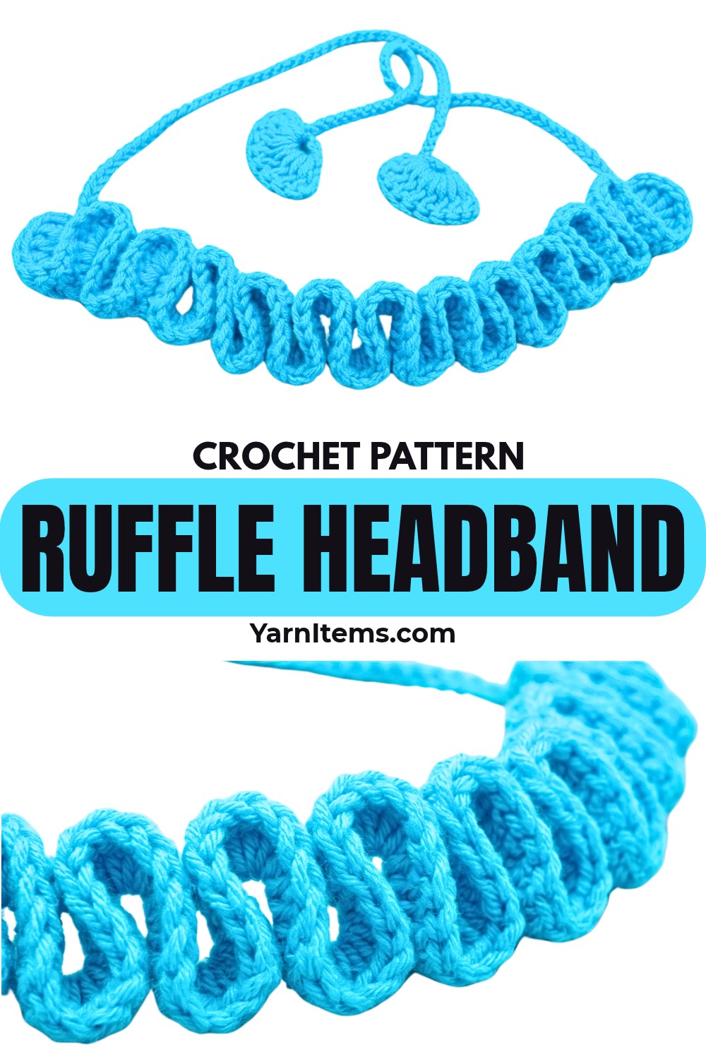 Crochet Baby Ruffle Headband with Adjustable Ties & Scallop Ends