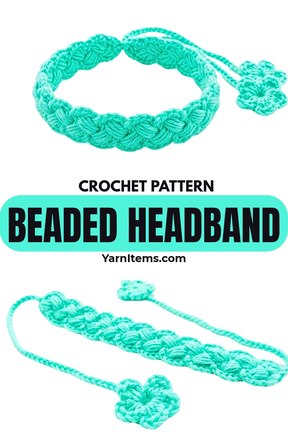 Crochet Beaded Headband with Flower Ties and Scalloped Edging