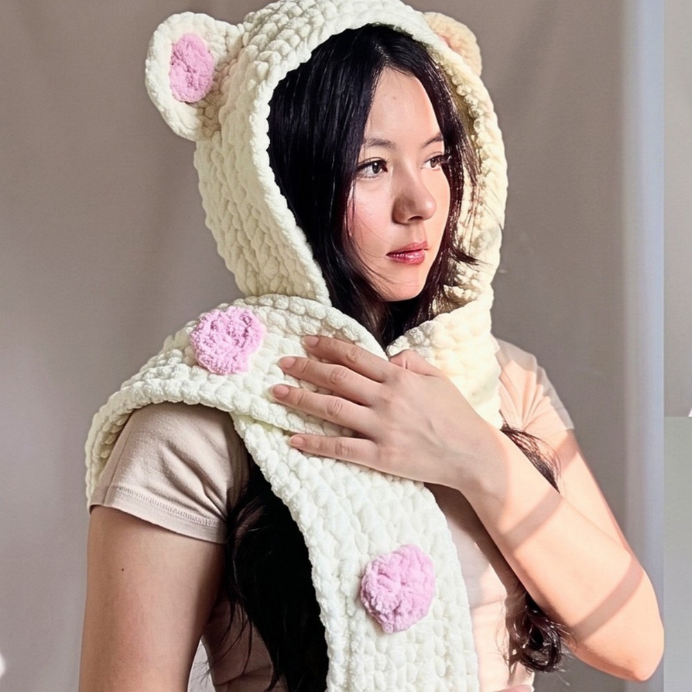 Crochet Bear Hooded Scarf with Hearts, Ears & Ribbed Texture