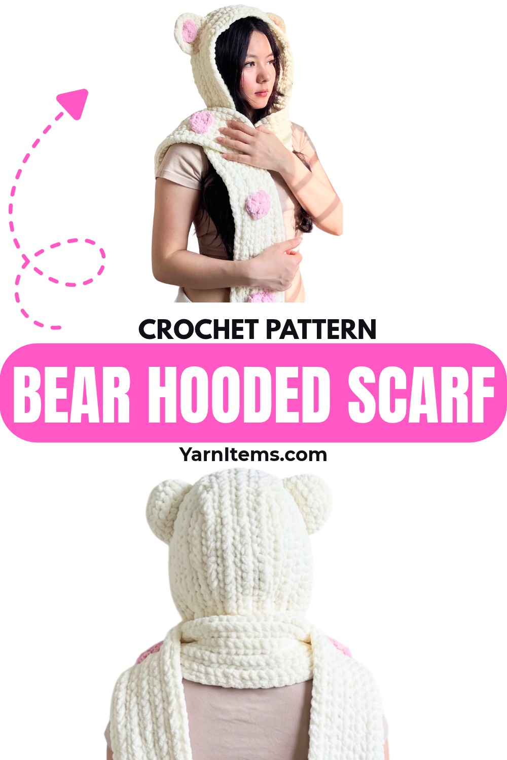 Crochet Bear Hooded Scarf with Hearts, Ears & Ribbed Texture