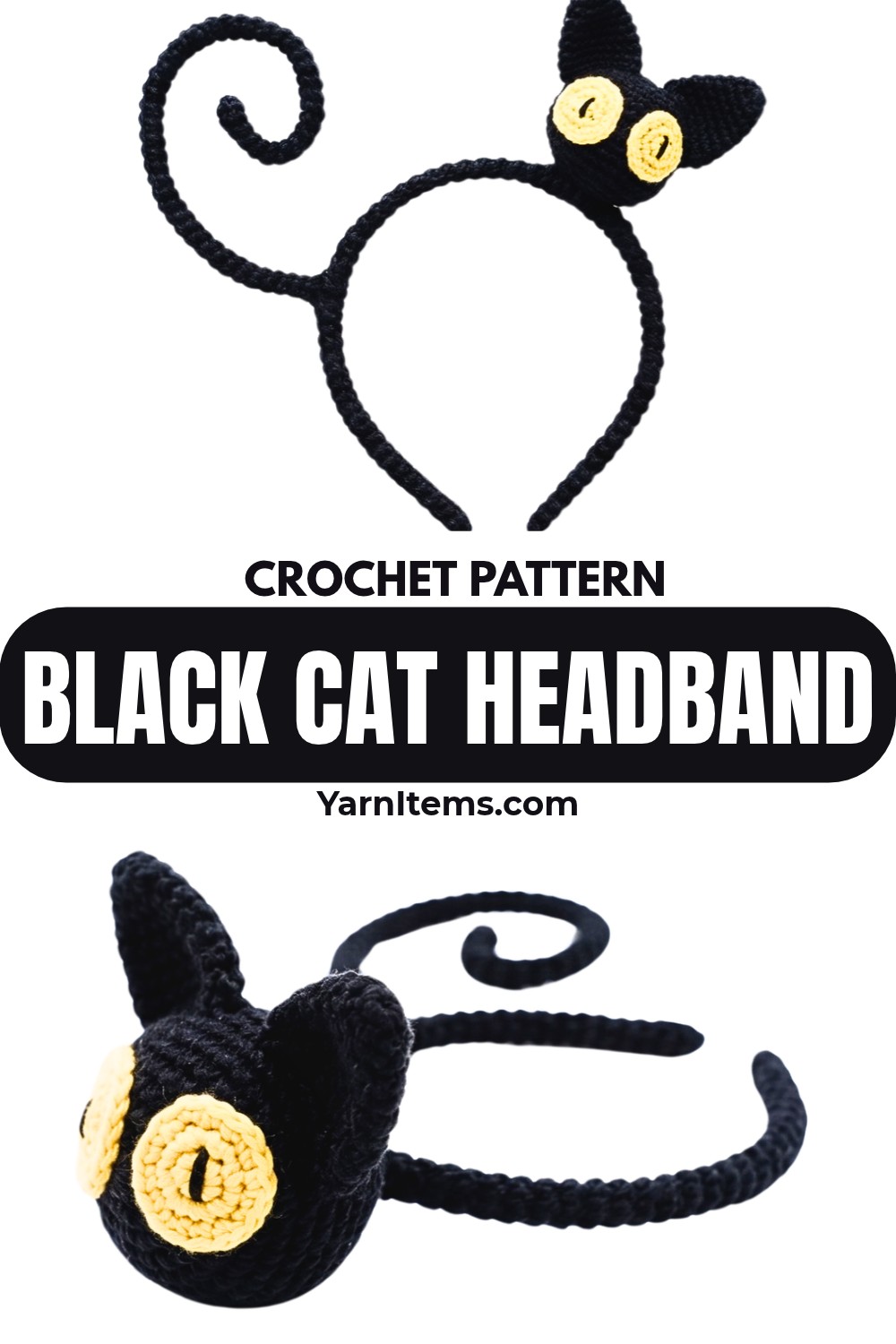 Crochet Black Cat Headband Pattern with Posable Tail