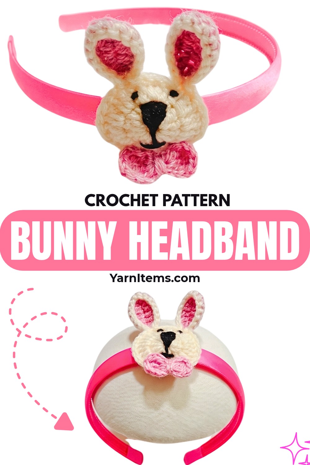 Crochet Bunny Headband Appliqué with Pink Ears & Bow