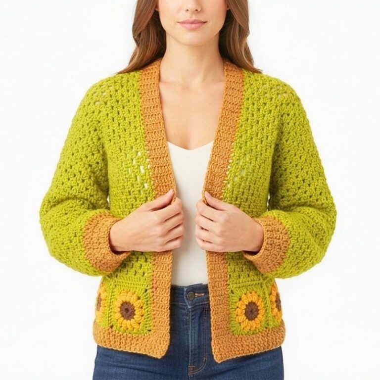 Sunflower Crochet Cardigan with Hexagon Panels & Granny Squares
