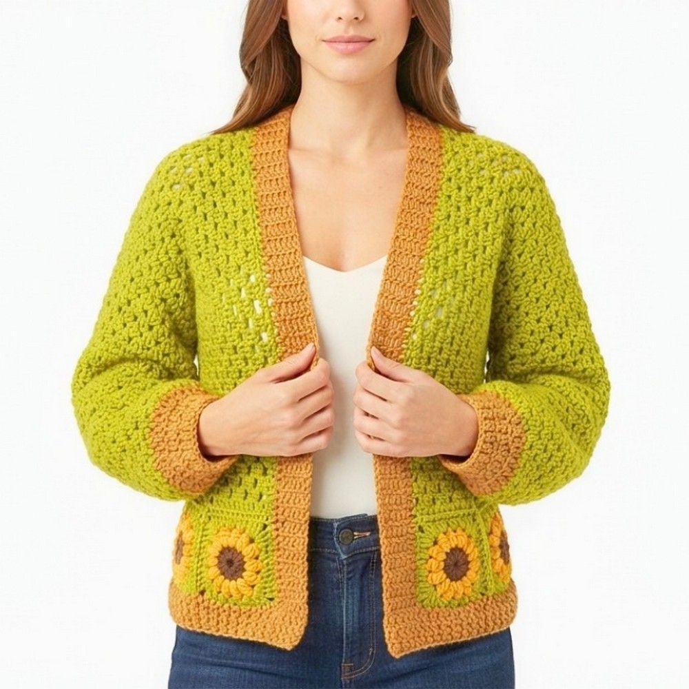 Sunflower Crochet Cardigan with Hexagon Panels & Granny Squares