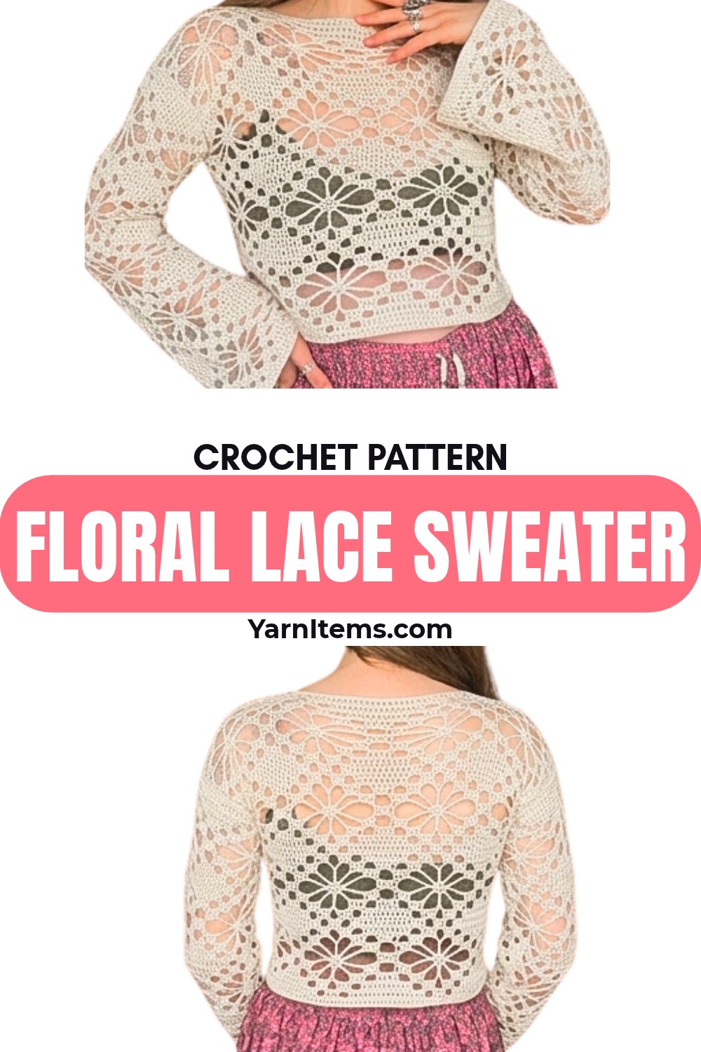 Crochet Floral Lace Sweater Pattern with Flower Motifs & Cotton Lace