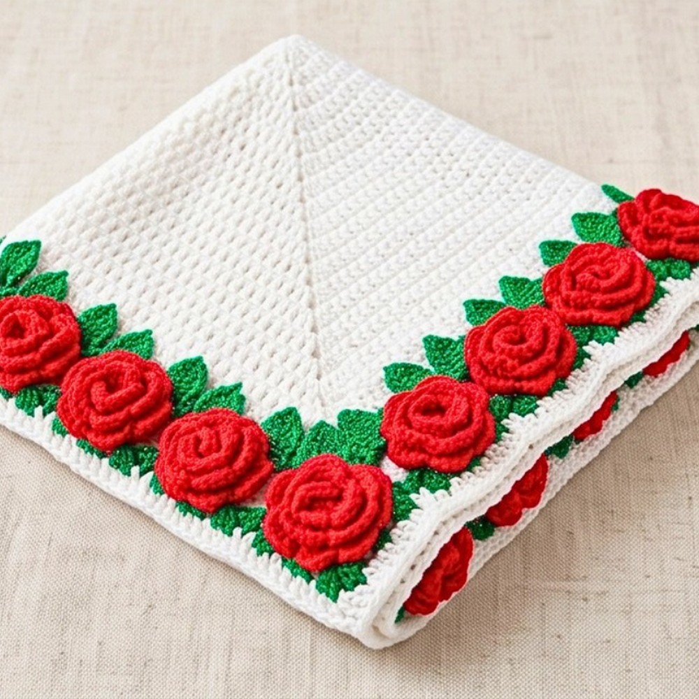 Crochet Flower Bouquet Blanket Pattern with Roses and Leaves
