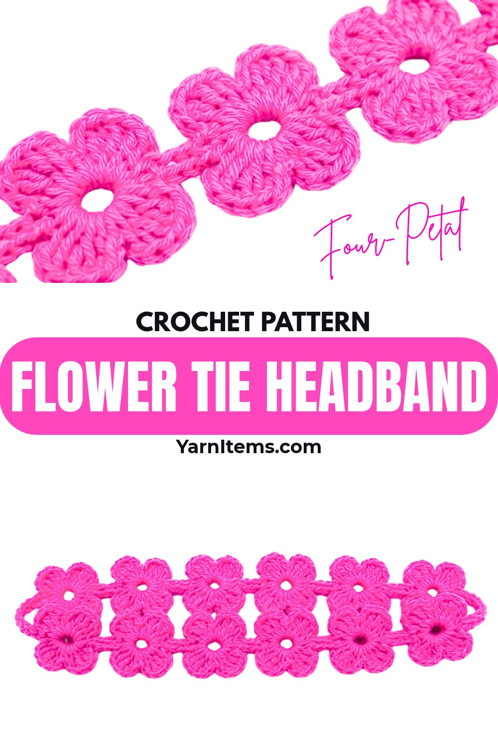 Crochet Four-Petal Flower Tie Headband - Continuous Floral Pattern