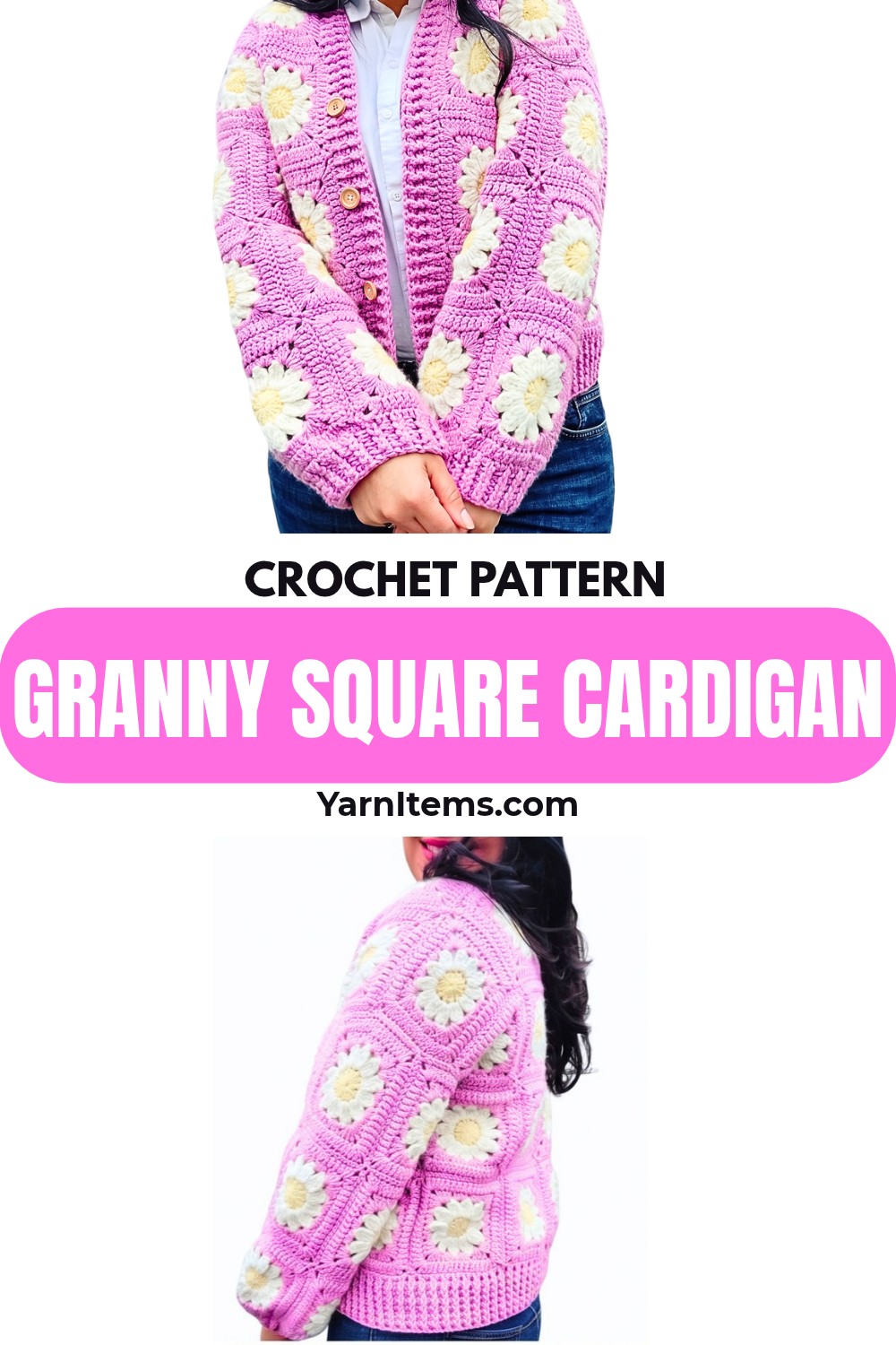 Crochet Granny Square Cardigan with Flower Motifs