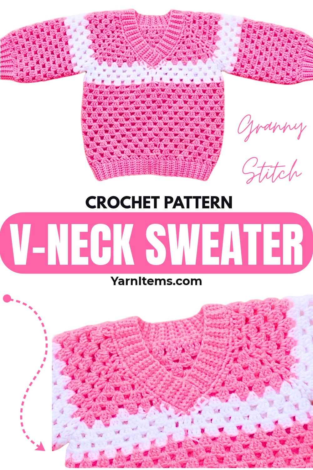 Crochet Granny Stitch V-Neck Baby Sweater Pattern for 0–3 Months
