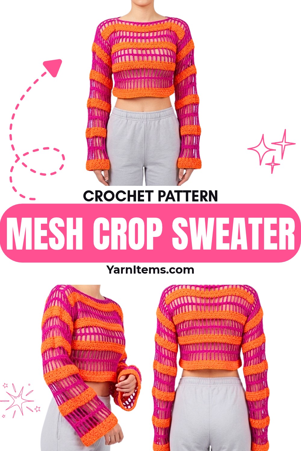 Crochet Mesh Crop Sweater with Cotton & Mohair Lace Texture