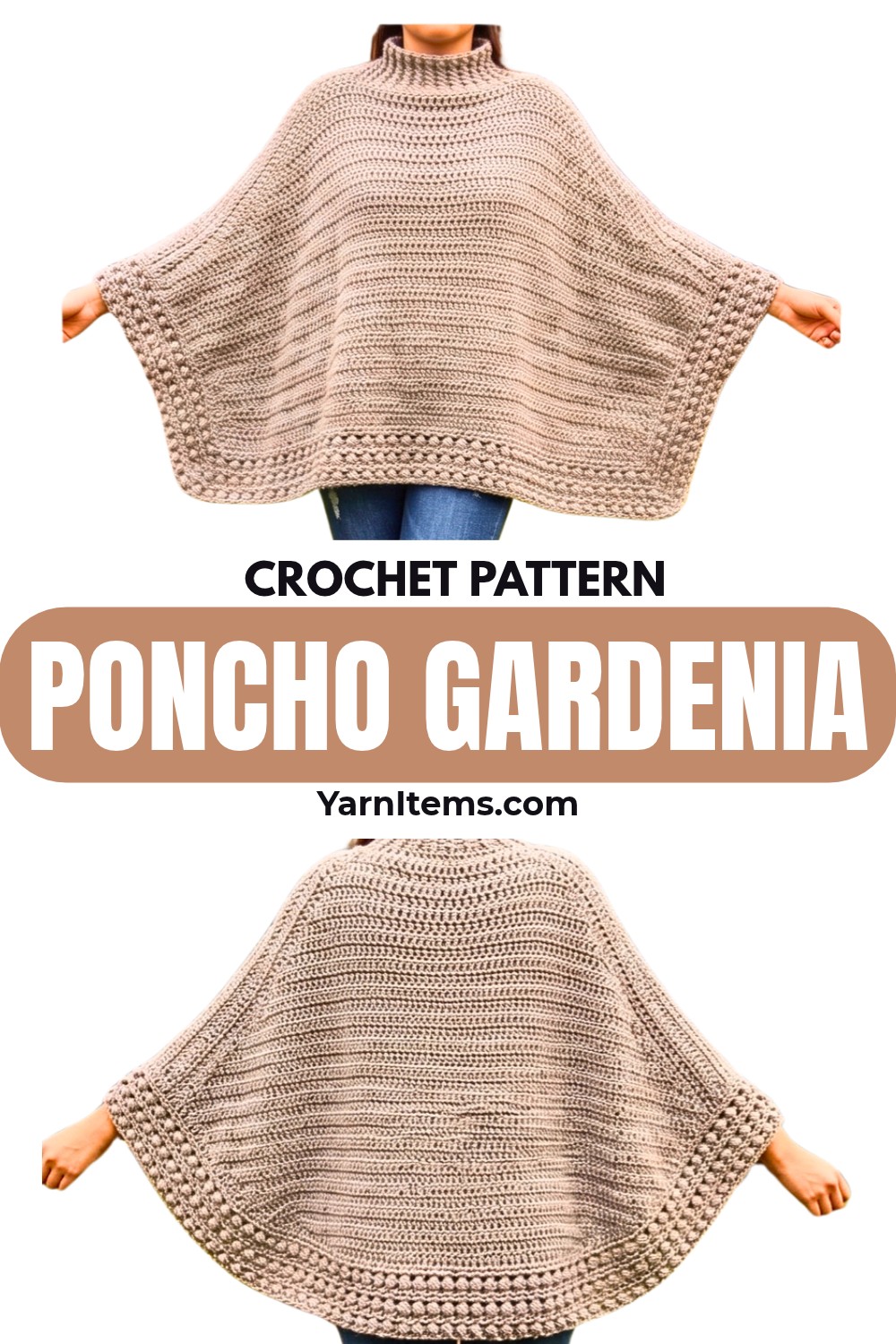 Crochet Poncho Gardenia with Turtleneck & Optional Sleeves