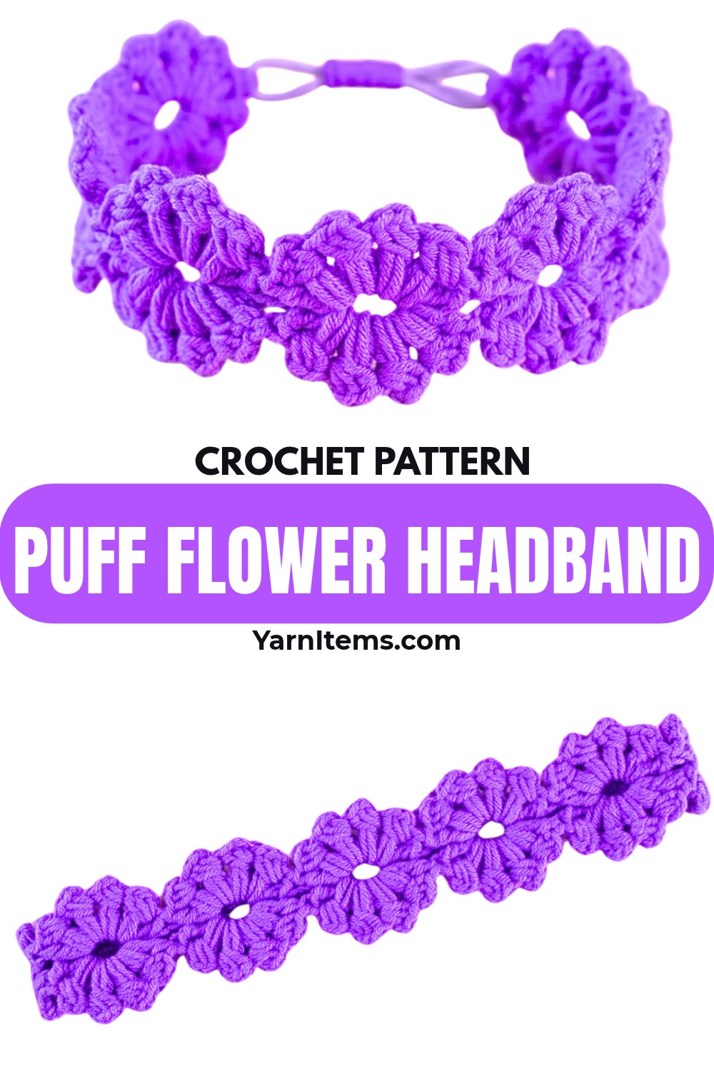 Crochet Puff Flower Headband with 8-Petal Blooms & Elastic Fit
