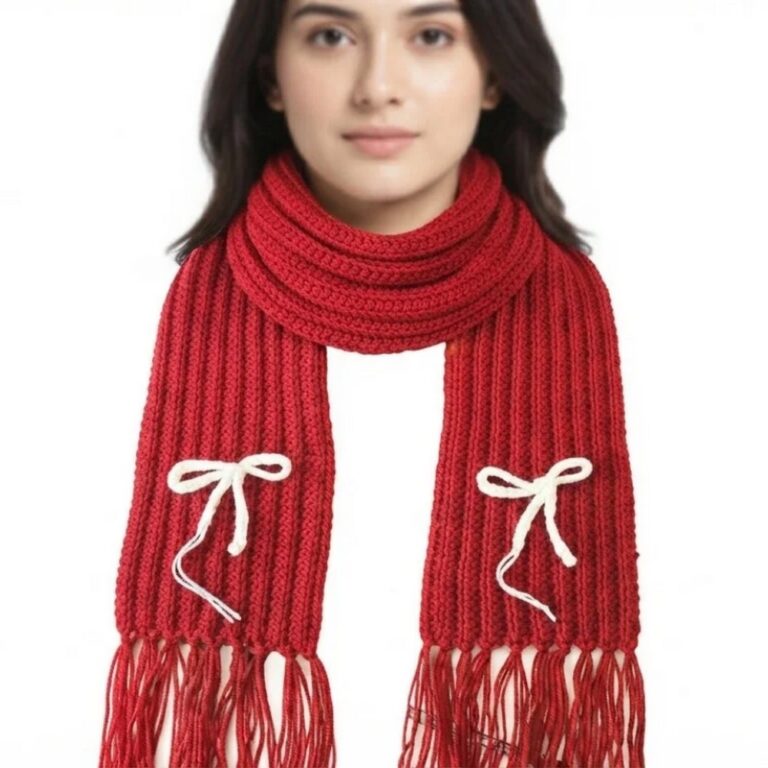 Crochet Ribbed Scarf with Tassels, Bow & Easy BLO Texture