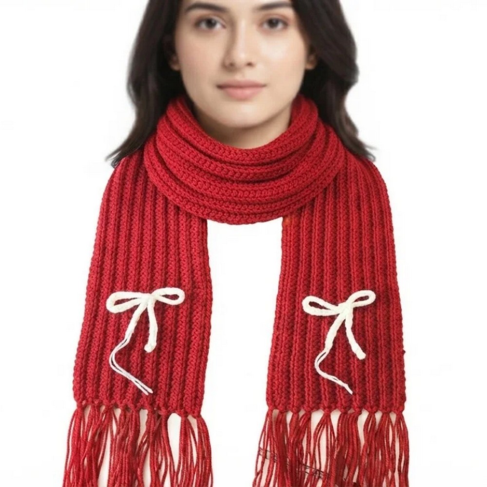 Crochet Ribbed Scarf with Tassels, Bow & Easy BLO Texture
