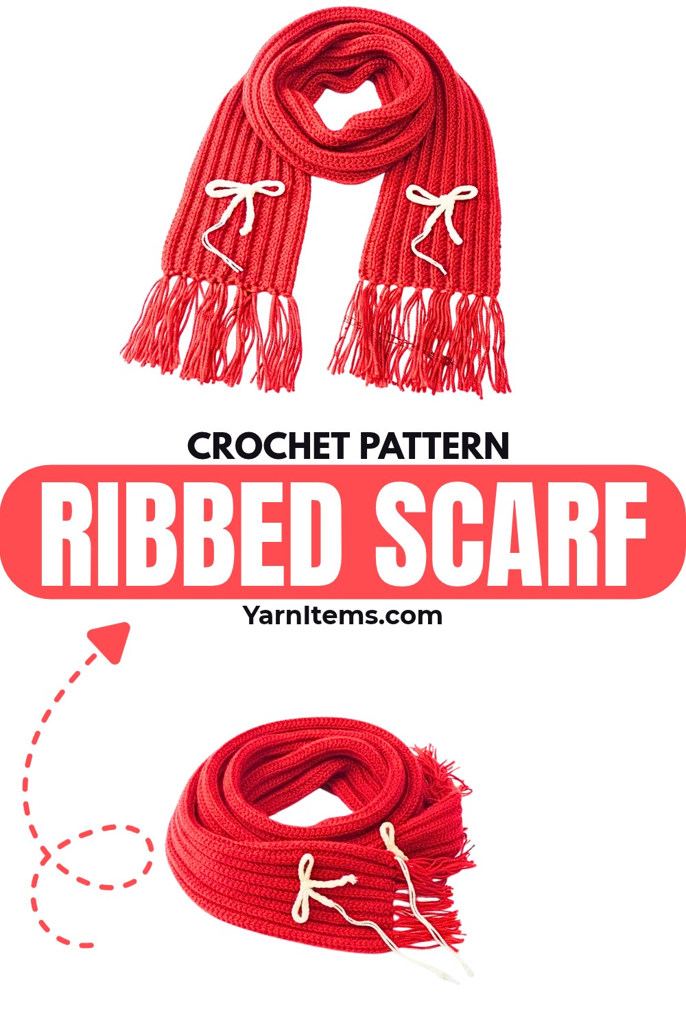 Crochet Ribbed Scarf with Tassels, Bow & Easy BLO Texture