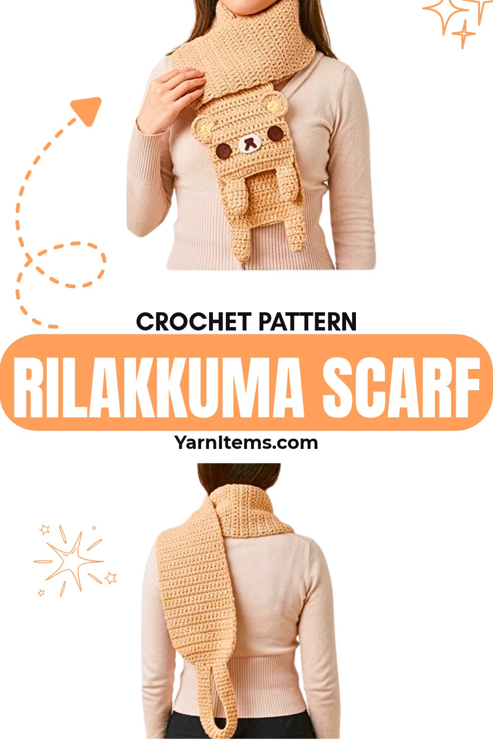 Crochet Rilakkuma Scarf With Face, Ears, Arms & Legs