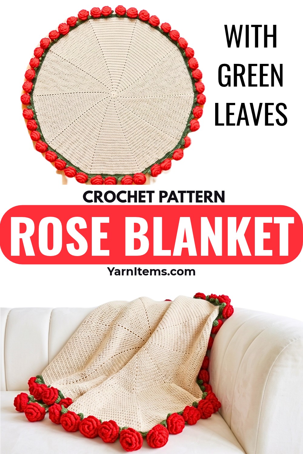 Crochet Rose Blanket Pattern with Green Leaves and Red Roses