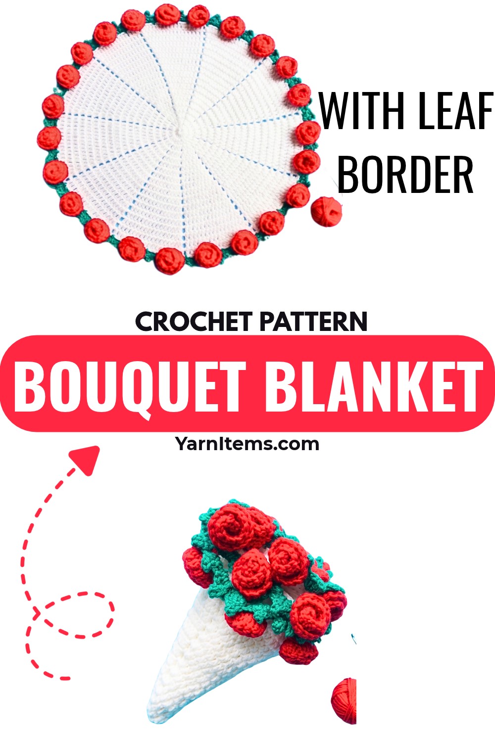 Crochet Rose Bouquet Blanket Pattern with Leaf Border