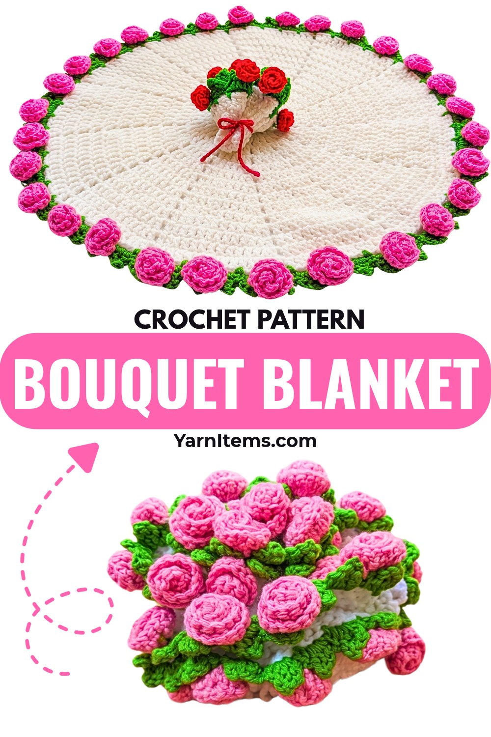 Crochet Rose Bouquet Blanket Pattern with Leaf Border
