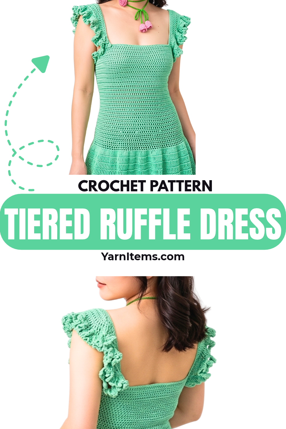 Crochet Tiered Ruffle Dress with Elastic Bodice & Flared Sleeves