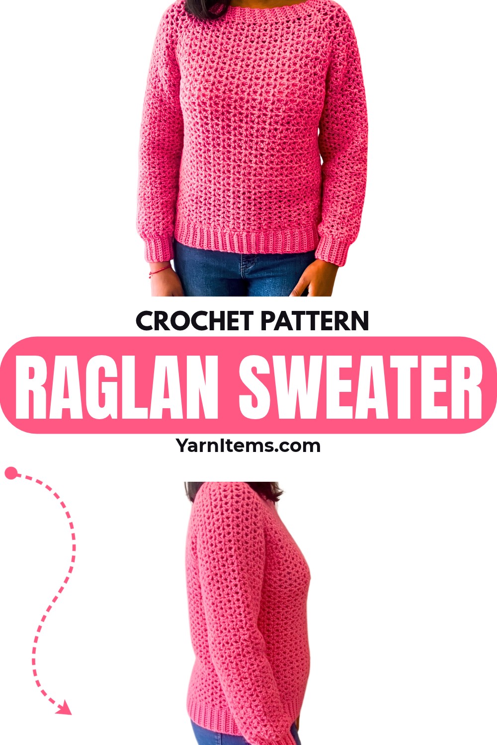 Crochet Top-Down Raglan Sweater with V-Stitch Texture