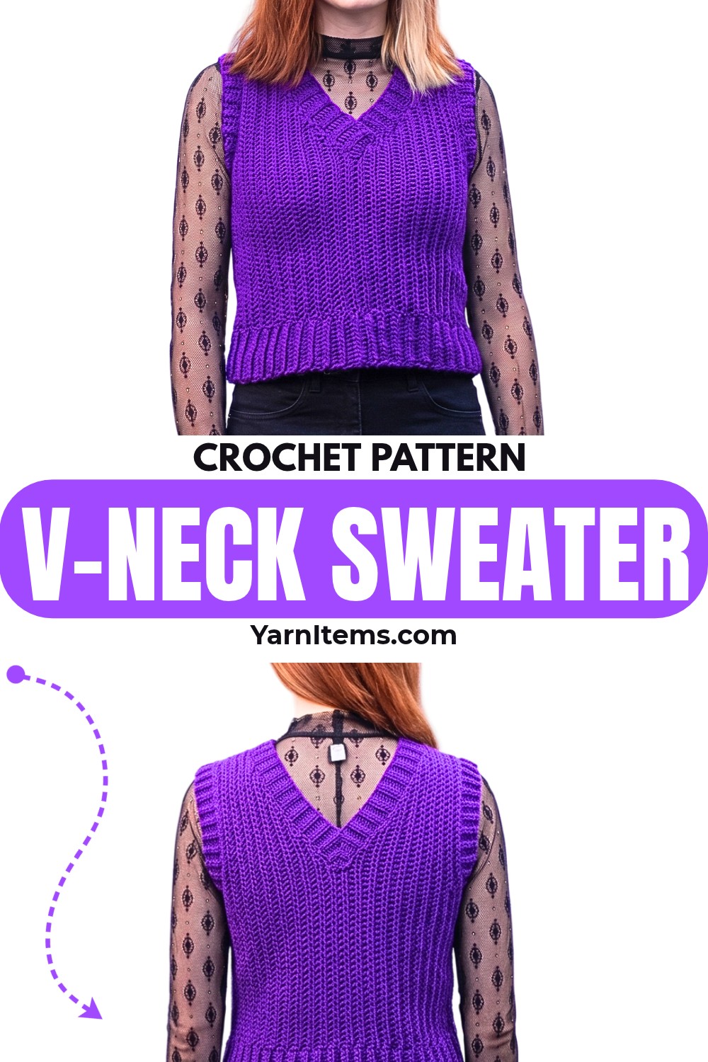 Crochet V-Neck Sweater Vest with Adjustable Fit & Ribbed Edges