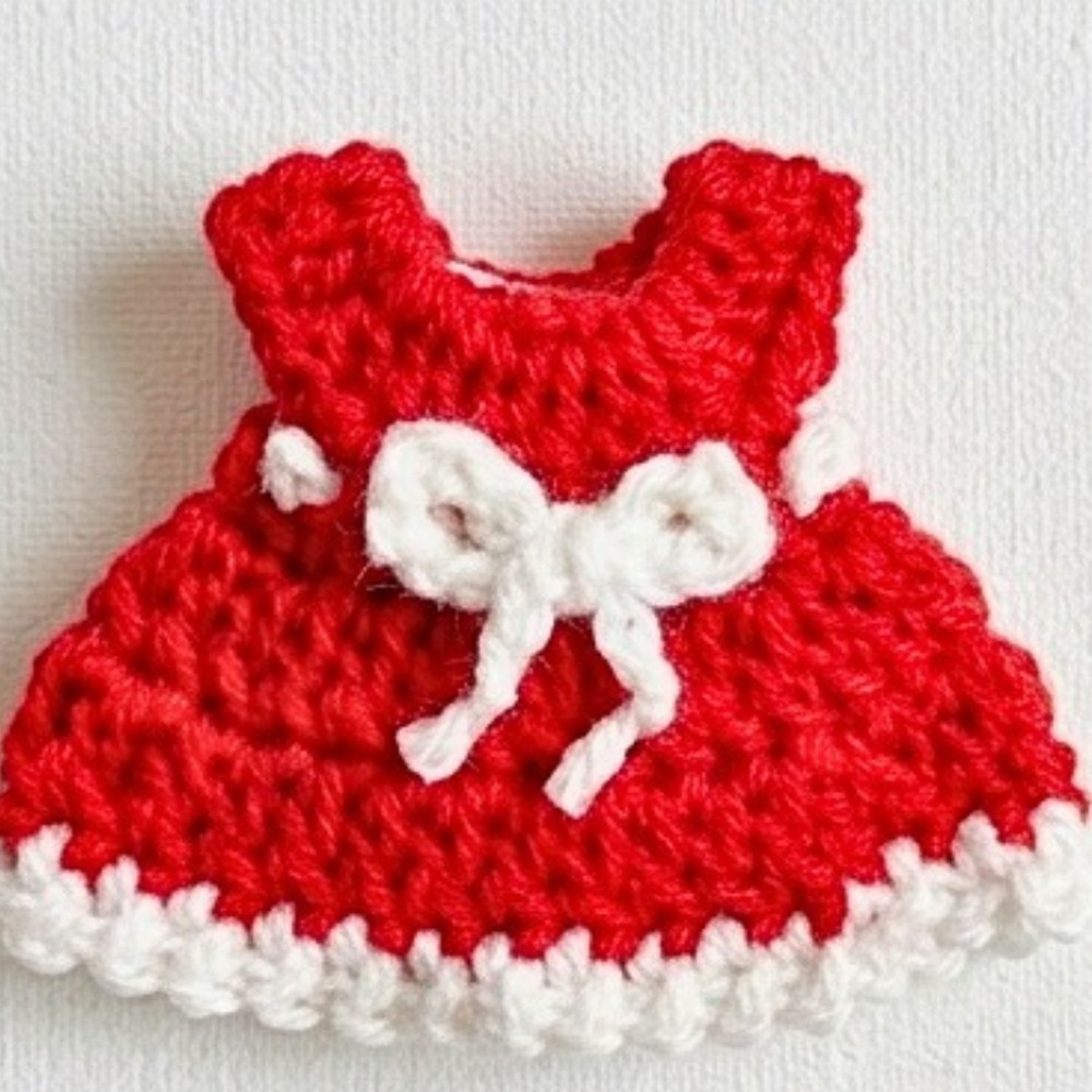 Crochet Christmas Dress Ornament Pattern With Red & White Yarn