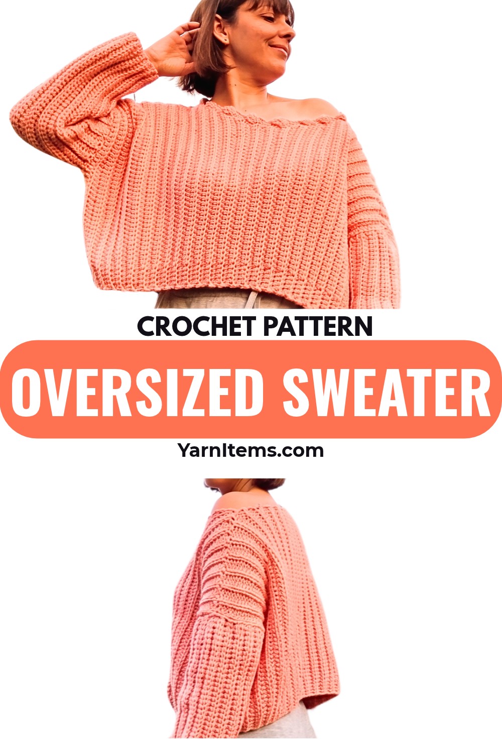 Oversized Crochet Sweater Pattern with V-Neck and Ribbed Texture