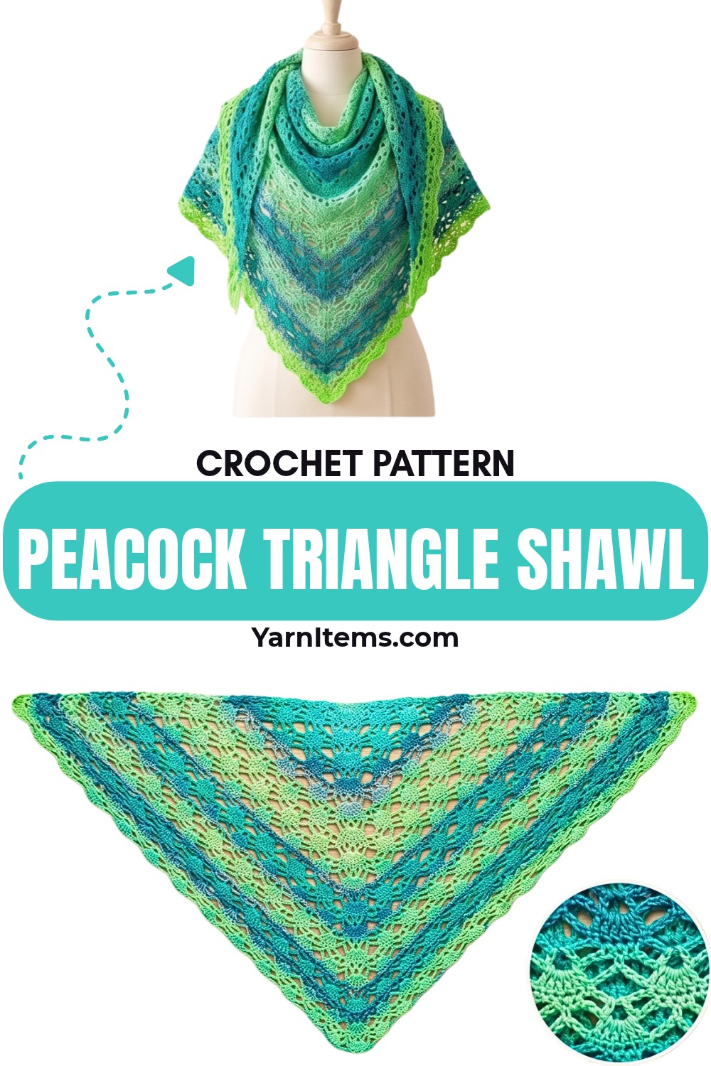 Peacock Triangle Shawl Crochet Pattern with 3-Row Repeat