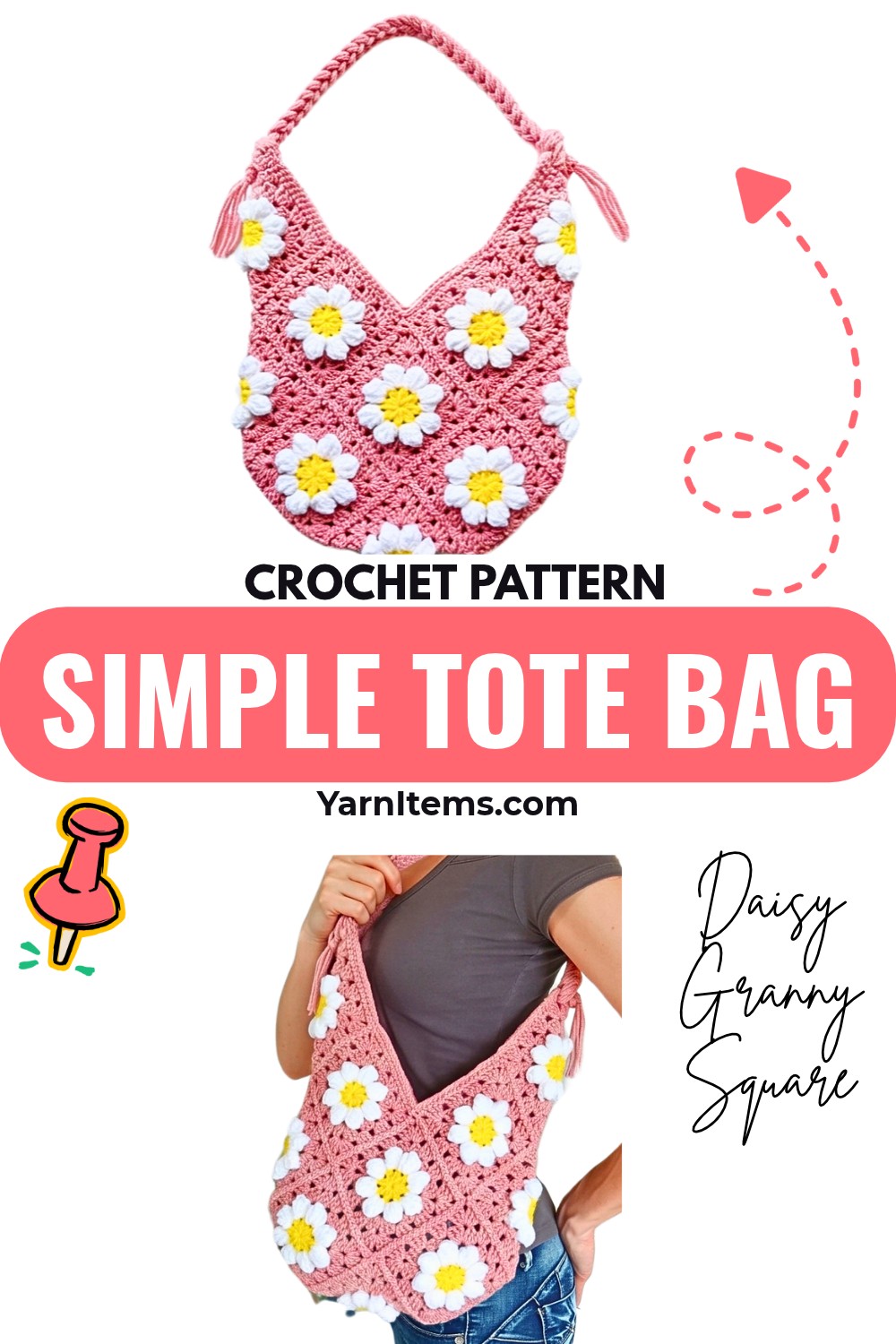 Simple Crochet Daisy Granny Square Tote Bag Pattern